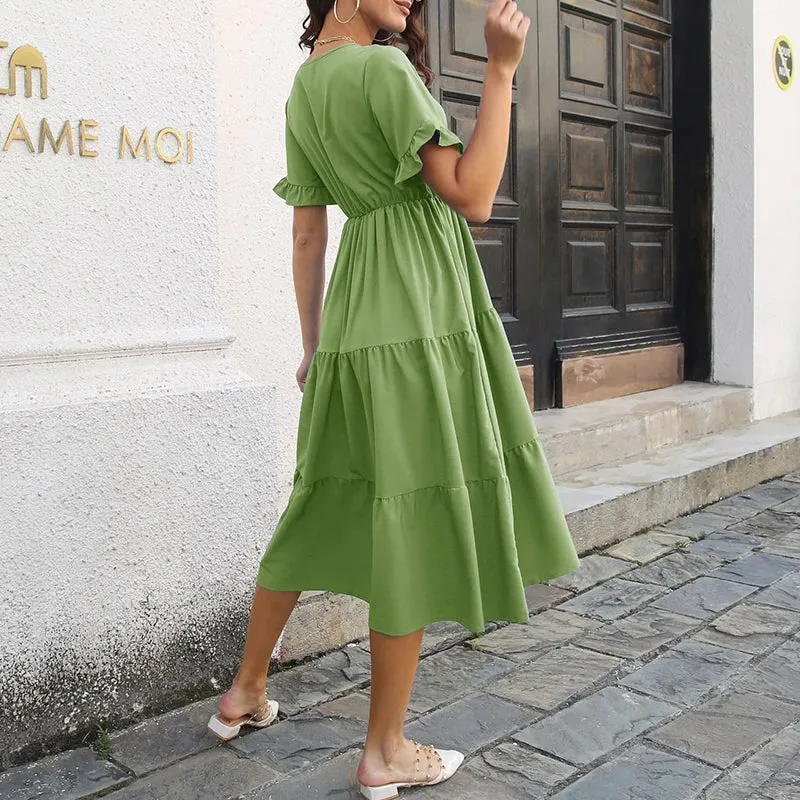 Elegant Ruffle Short Sleeve V-Neck Solid Color Layered Swing A-line Midi Dress