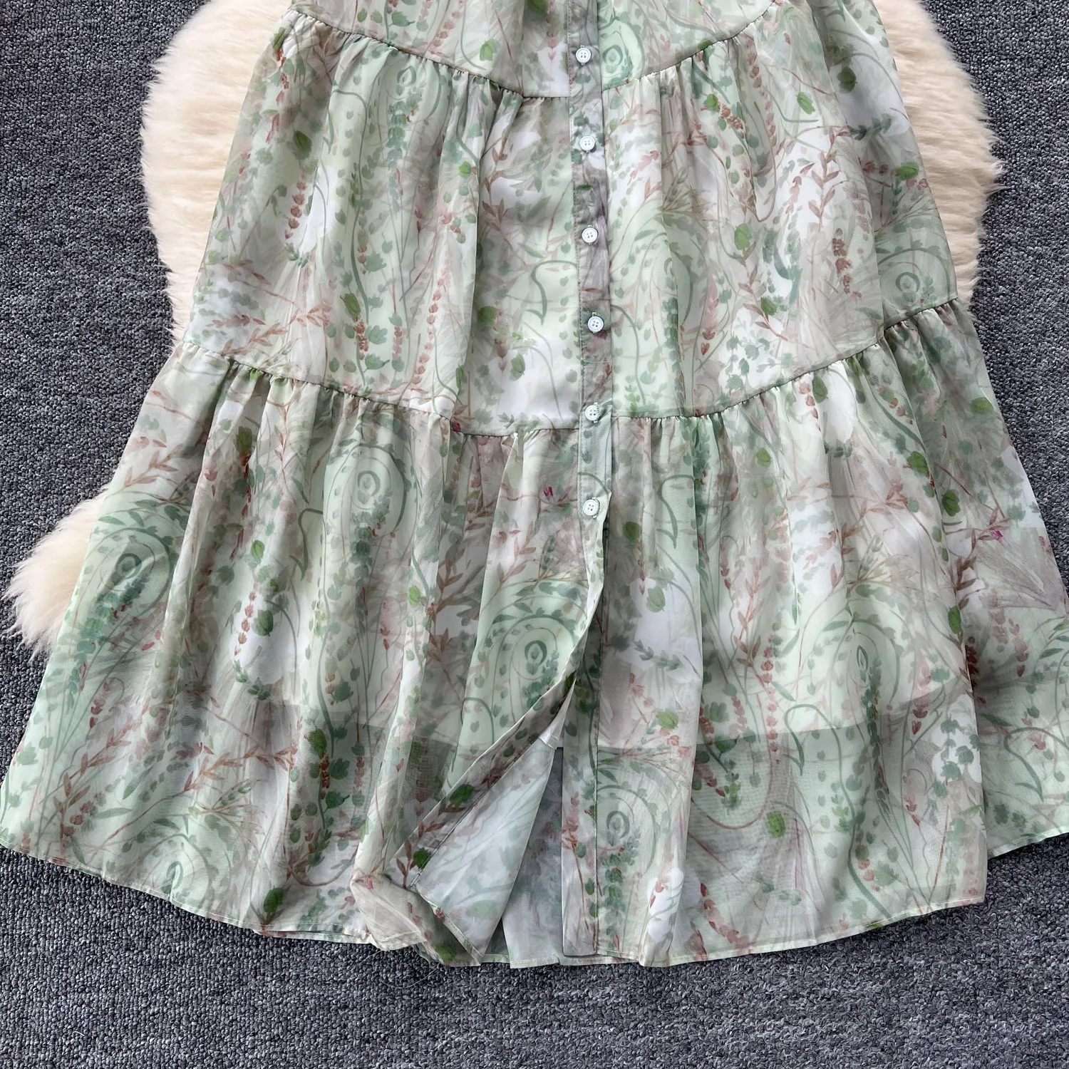 Elegant Ruffled Floral Dress with Belt