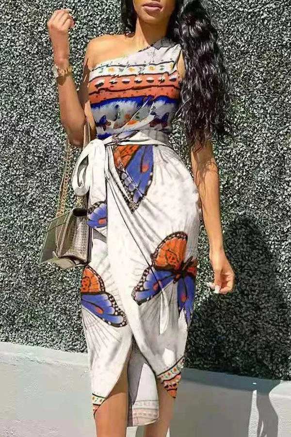 Elegant Slanted Shoulder Irregular Printed Midi Dress