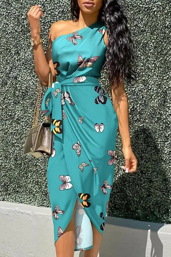 Elegant Slanted Shoulder Irregular Printed Midi Dress