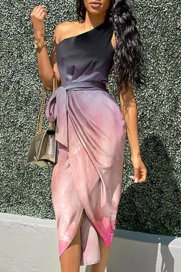 Elegant Slanted Shoulder Irregular Printed Midi Dress