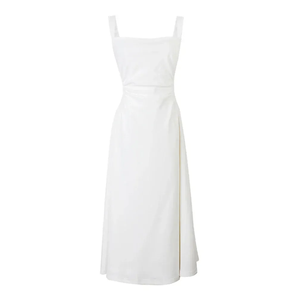 Elegant Spaghetti Strap Bow Square Collar Vintage Summer Midi Dress