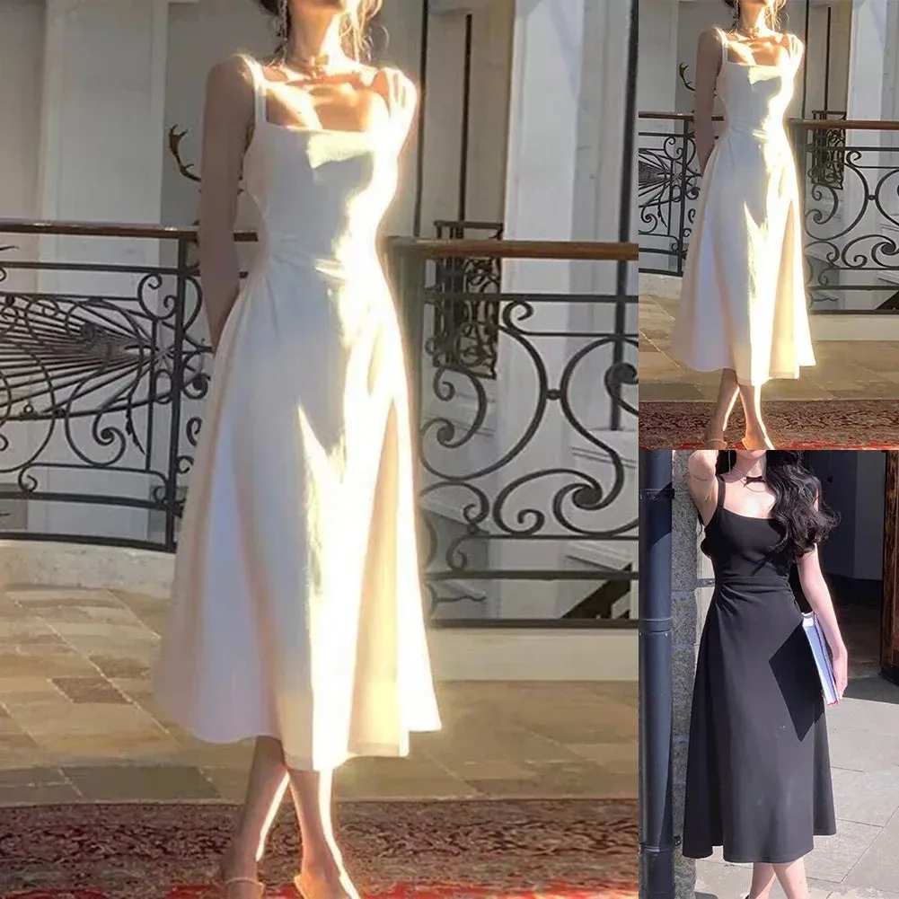 Elegant Spaghetti Strap Bow Square Collar Vintage Summer Midi Dress