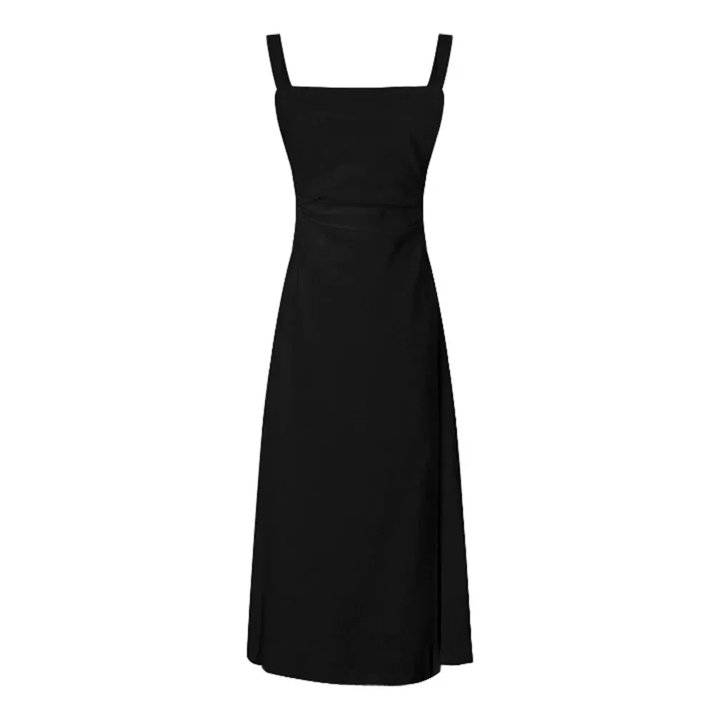 Elegant Spaghetti Strap Bow Square Collar Vintage Summer Midi Dress