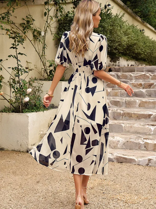 Elegant waist V-neck holiday bohemian print dress