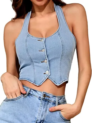 ELLEVEN Women's Denim Halter Top Jean Vest - Square Neck Button Front Slim Fit Crop Vest Western Summer Outfit