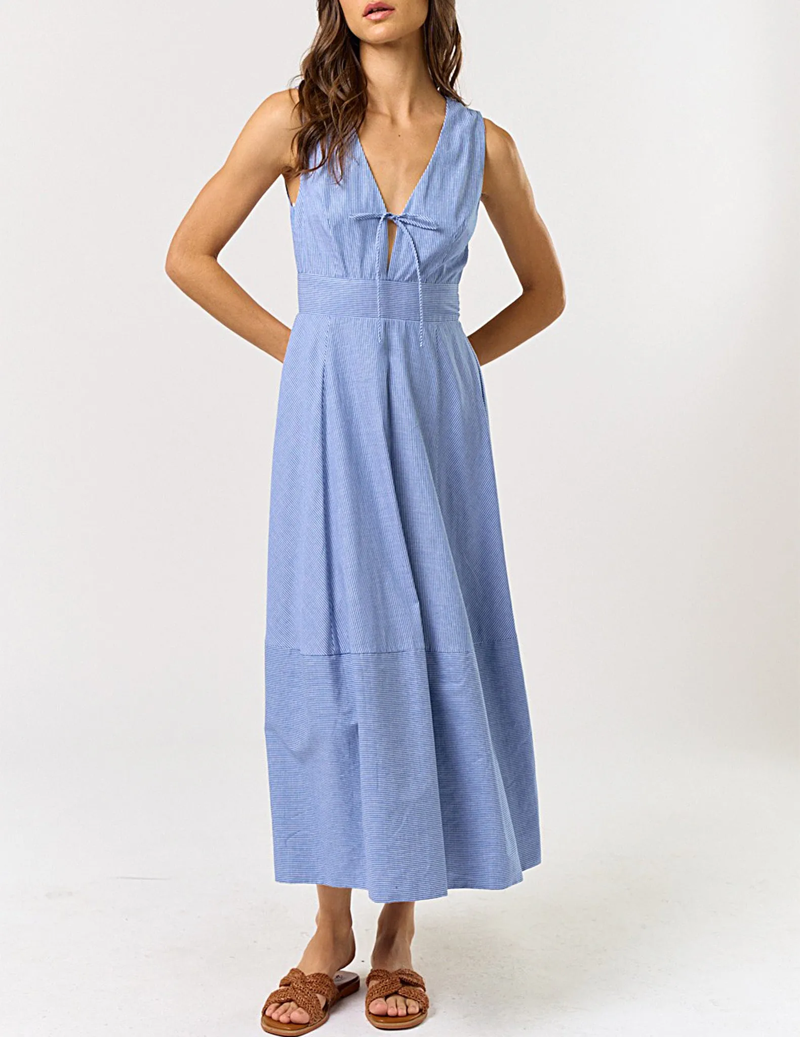 Emilia Blue Pinstripe Cotton Midi Dress