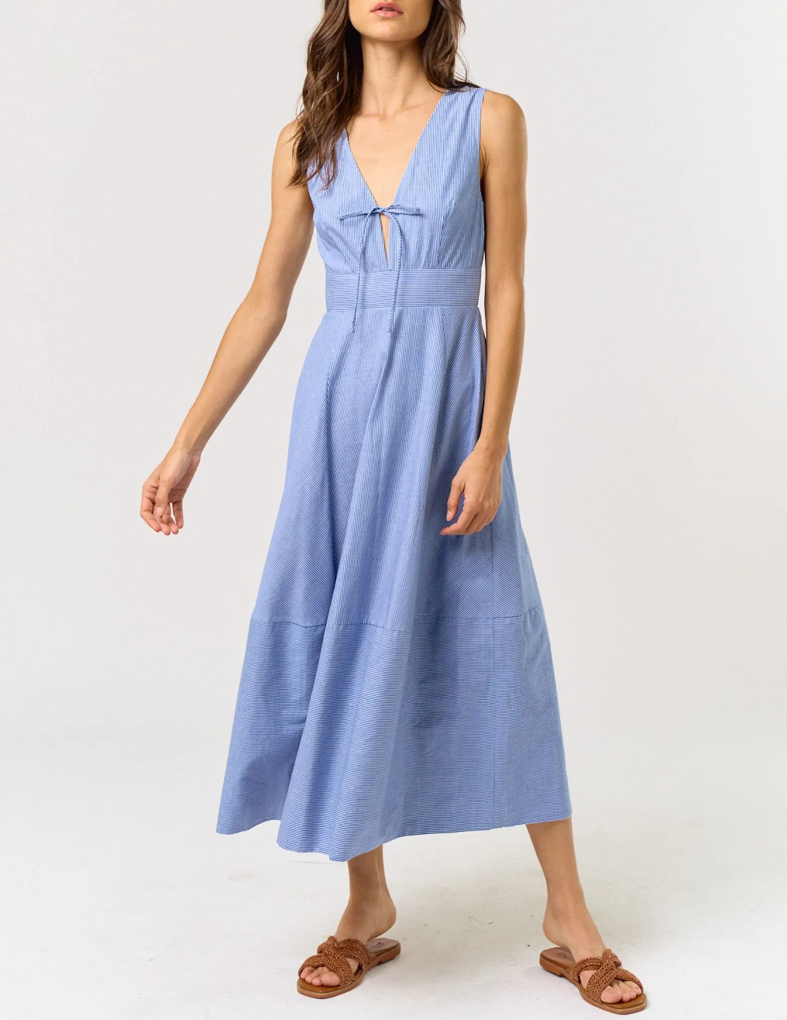 Emilia Blue Pinstripe Cotton Midi Dress