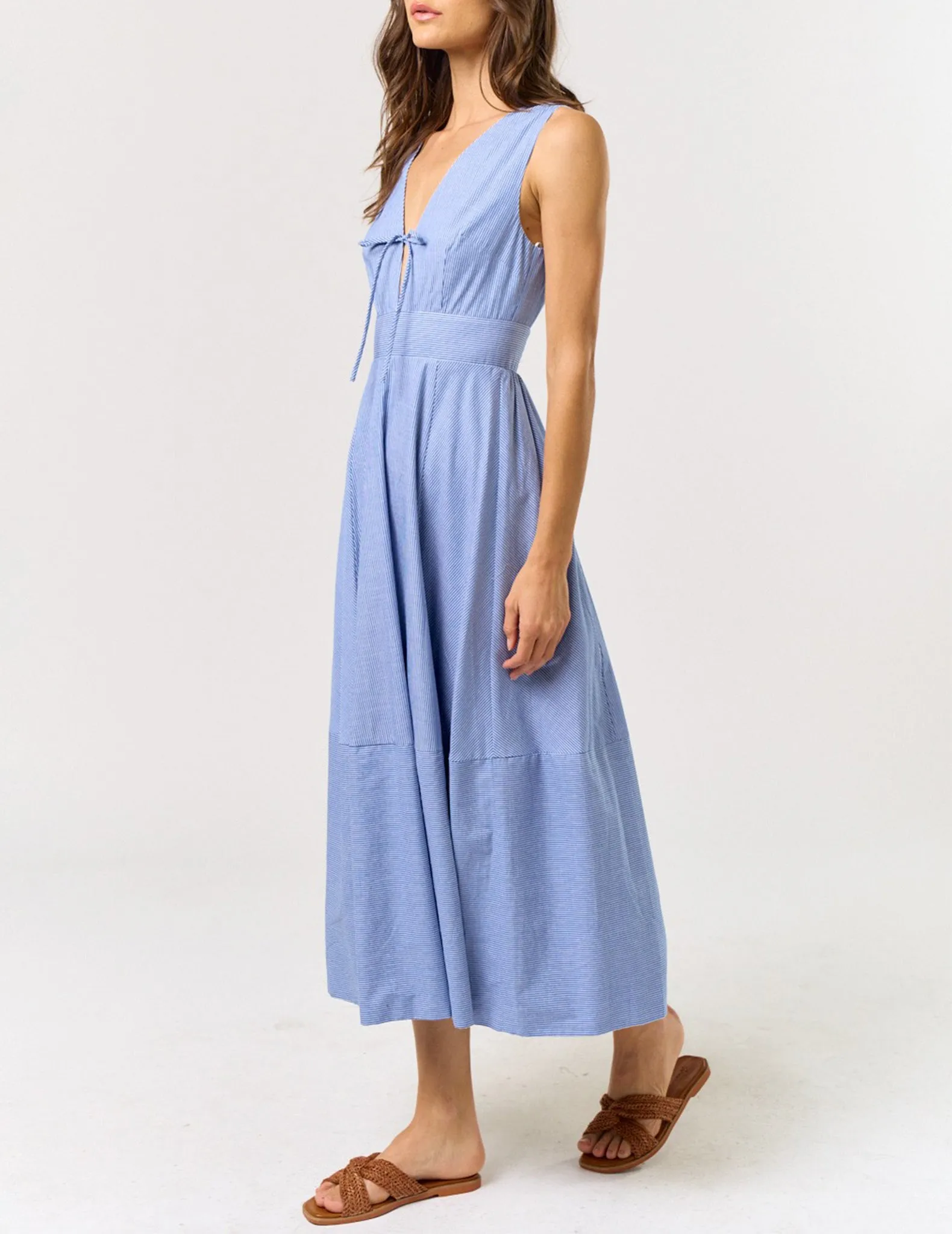 Emilia Blue Pinstripe Cotton Midi Dress