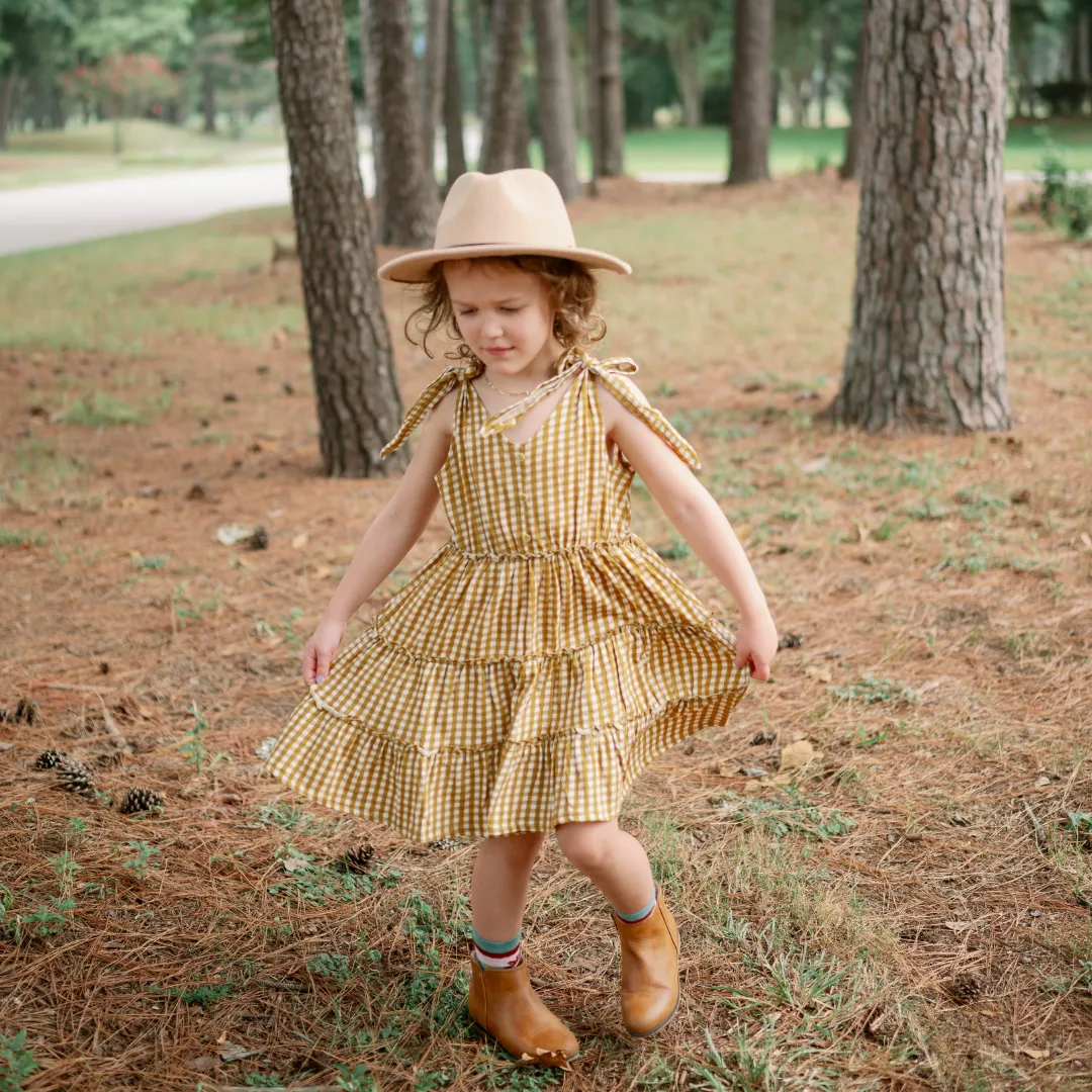 Emma Grace Shoppe Organic Tiered Tie Dress - Gold Gingham