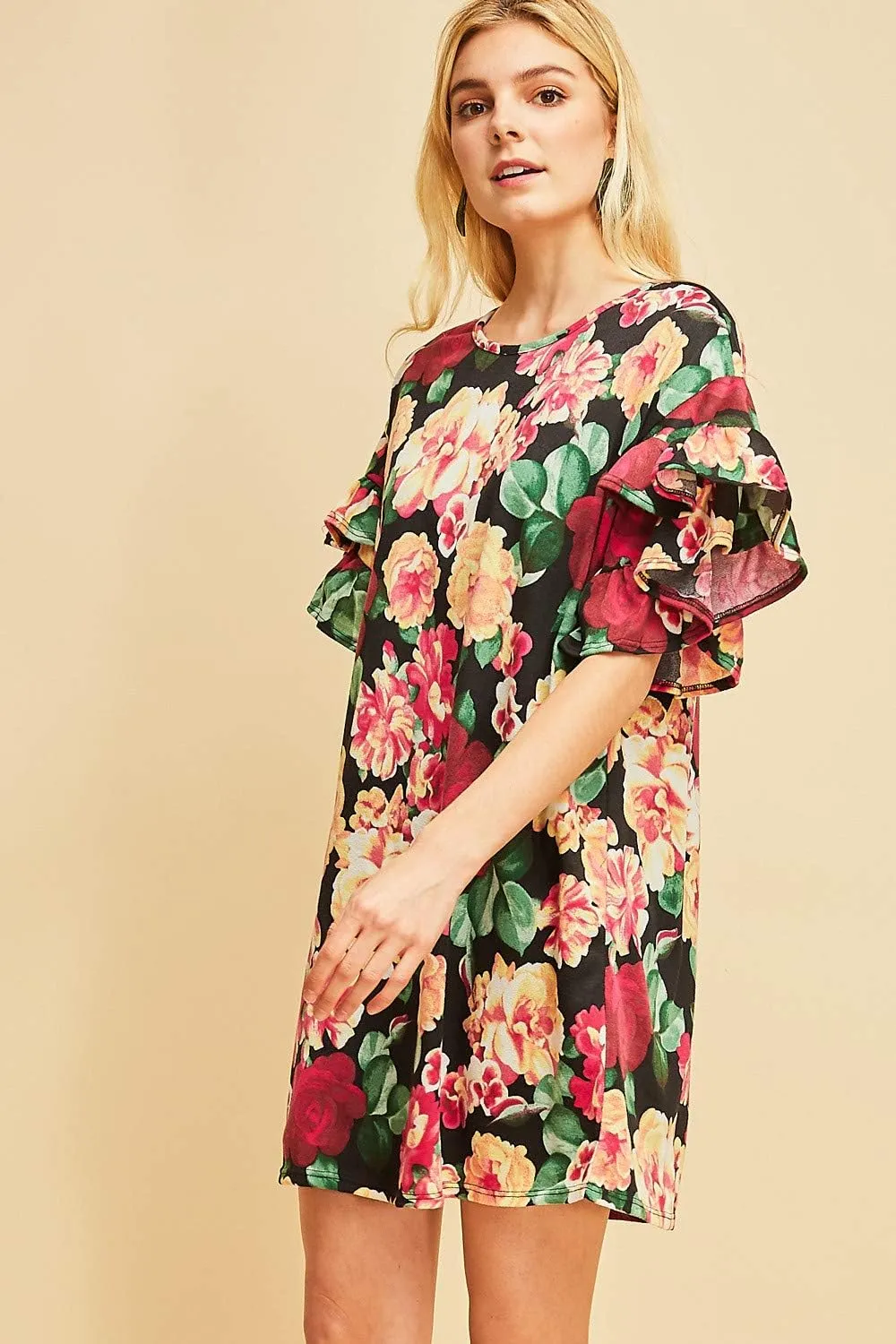 Entro Women's Floral Print Ruffle Sleeve Mini Dress