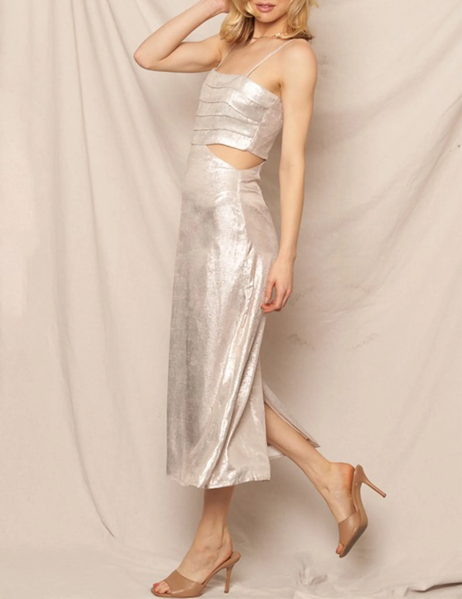 Estrella Silver Lam Midi Dress