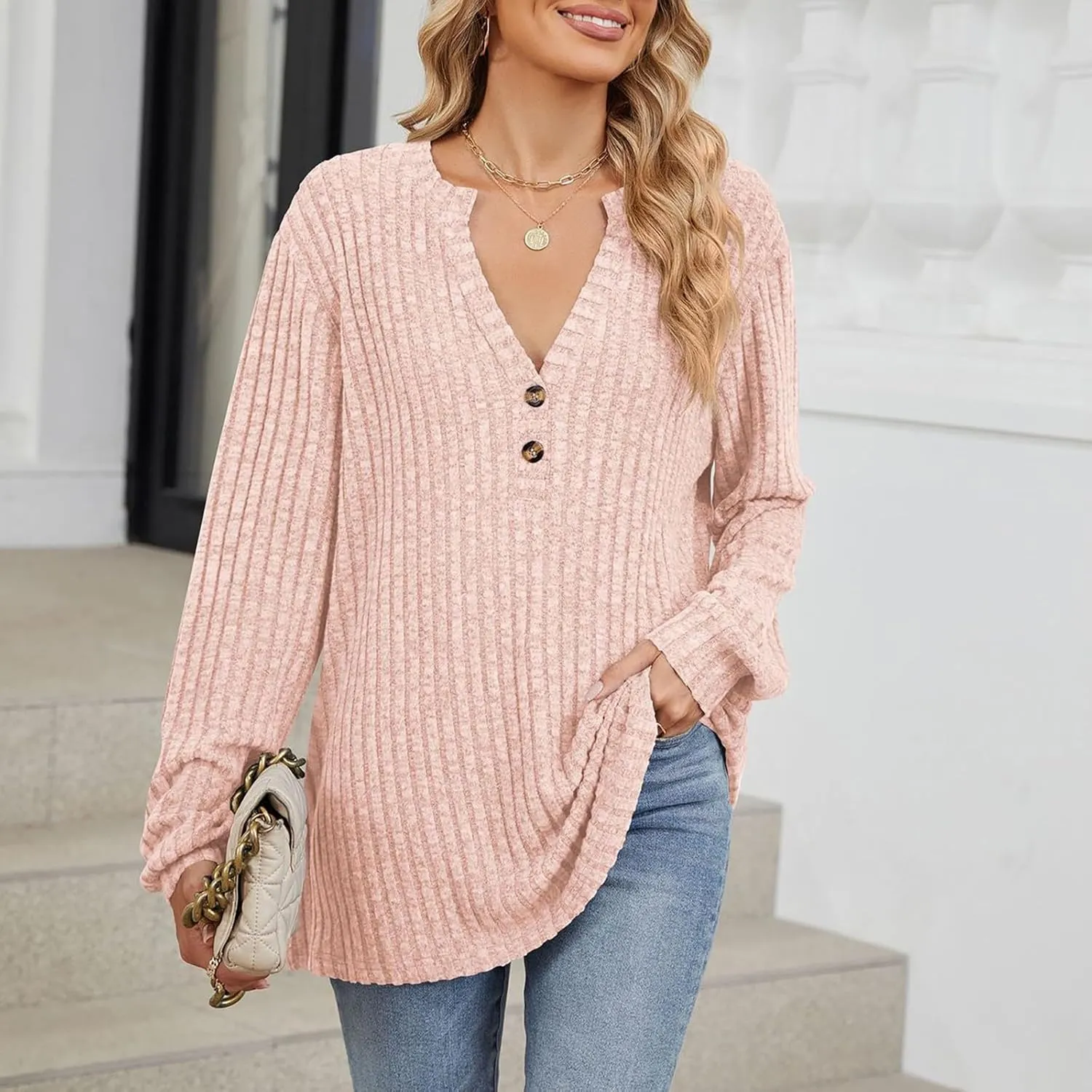 Fall Knitted Sweater for Women Solid Color Warm Long Sleeve V Neck Stripe Textured Pullovers Comfy Warm Thick Tops