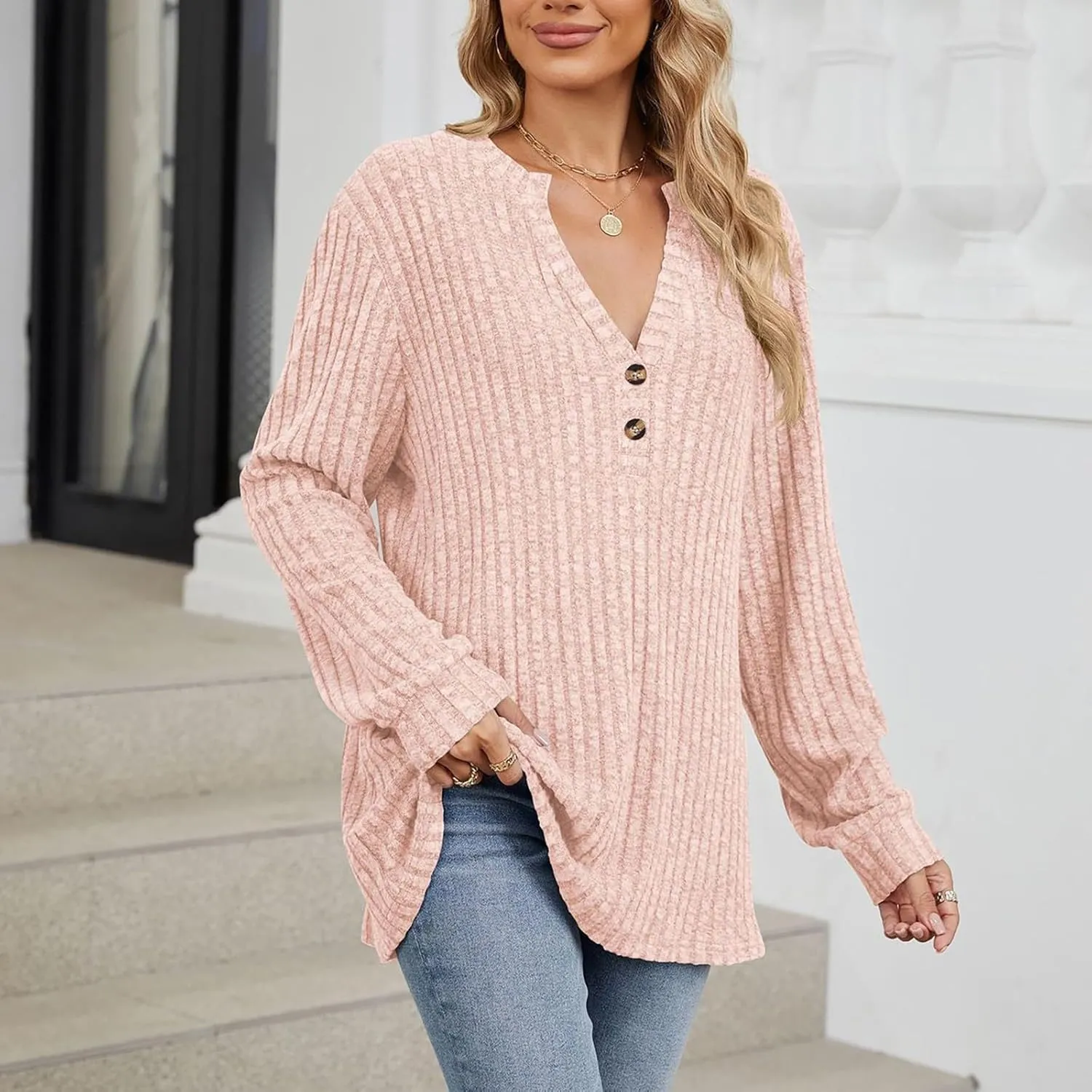 Fall Knitted Sweater for Women Solid Color Warm Long Sleeve V Neck Stripe Textured Pullovers Comfy Warm Thick Tops