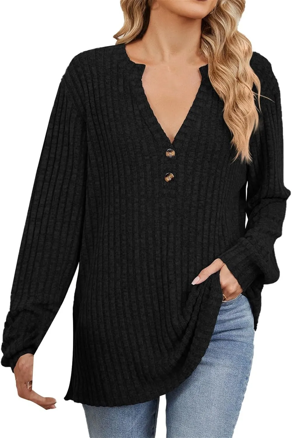 Fall Knitted Sweater for Women Solid Color Warm Long Sleeve V Neck Stripe Textured Pullovers Comfy Warm Thick Tops
