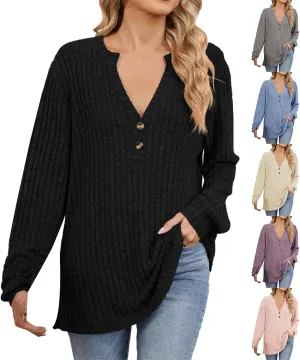 Fall Knitted Sweater for Women Solid Color Warm Long Sleeve V Neck Stripe Textured Pullovers Comfy Warm Thick Tops