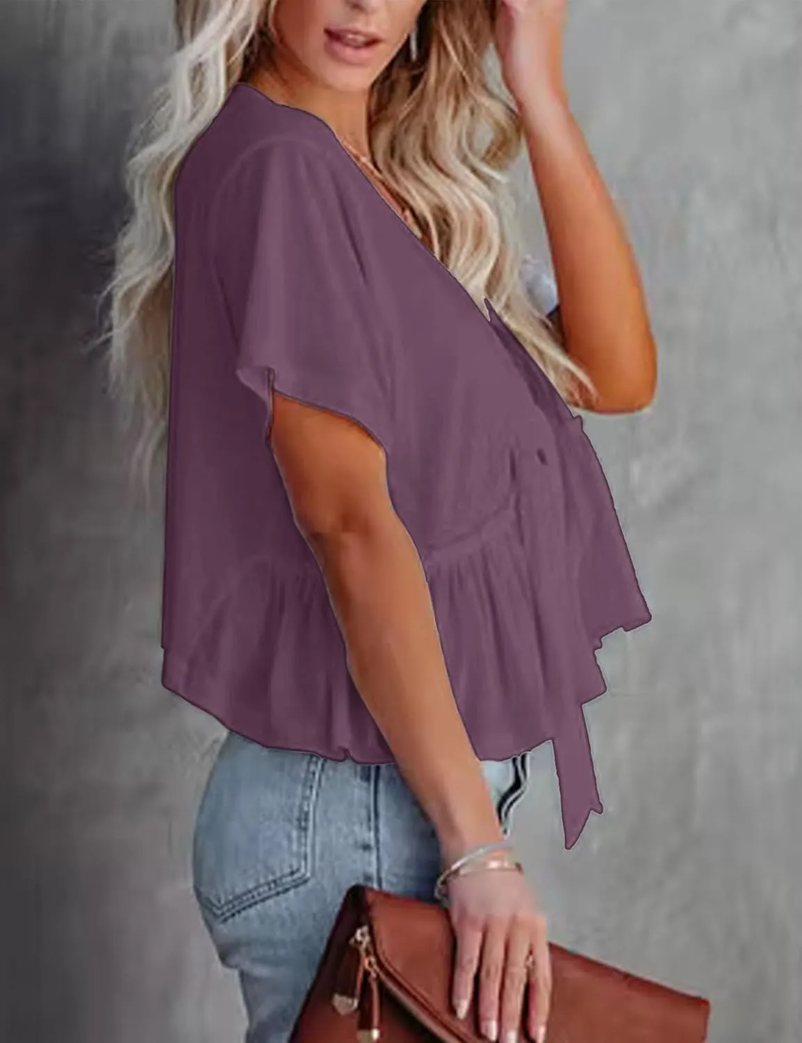 Fanway&EC Women's Short Sleeve V Neck Blouses Ruffle Hem Tie Front Crop Tops Lightweight Basic Summer Tops