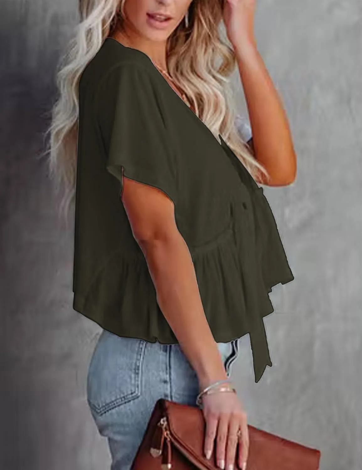 Fanway&EC Women's Short Sleeve V Neck Blouses Ruffle Hem Tie Front Crop Tops Lightweight Basic Summer Tops