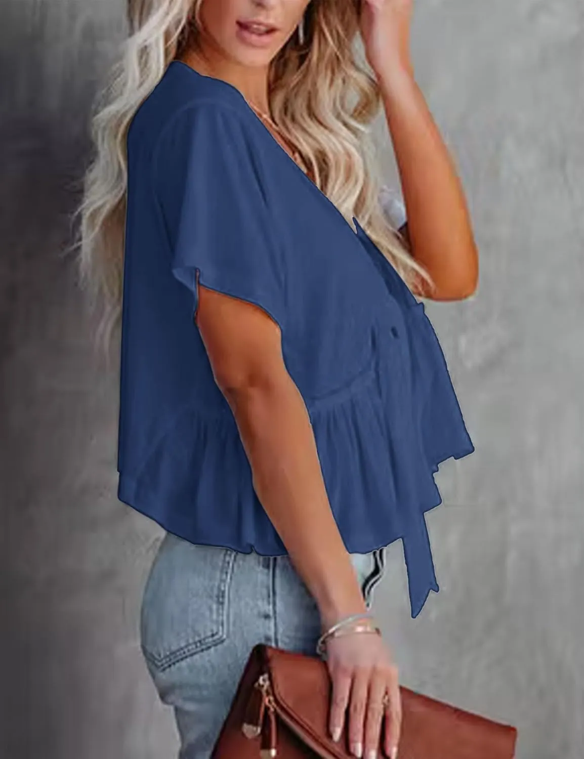 Fanway&EC Women's Short Sleeve V Neck Blouses Ruffle Hem Tie Front Crop Tops Lightweight Basic Summer Tops