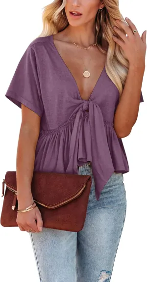 Fanway&EC Women's Short Sleeve V Neck Blouses Ruffle Hem Tie Front Crop Tops Lightweight Basic Summer Tops