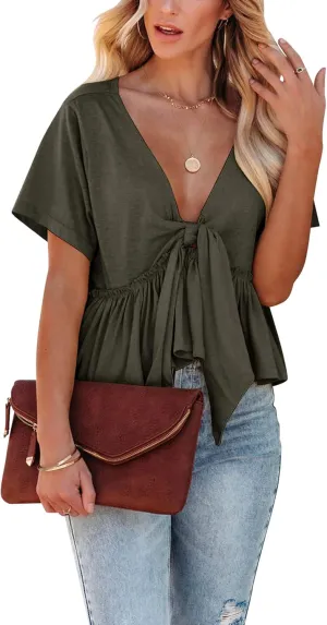 Fanway&EC Women's Short Sleeve V Neck Blouses Ruffle Hem Tie Front Crop Tops Lightweight Basic Summer Tops