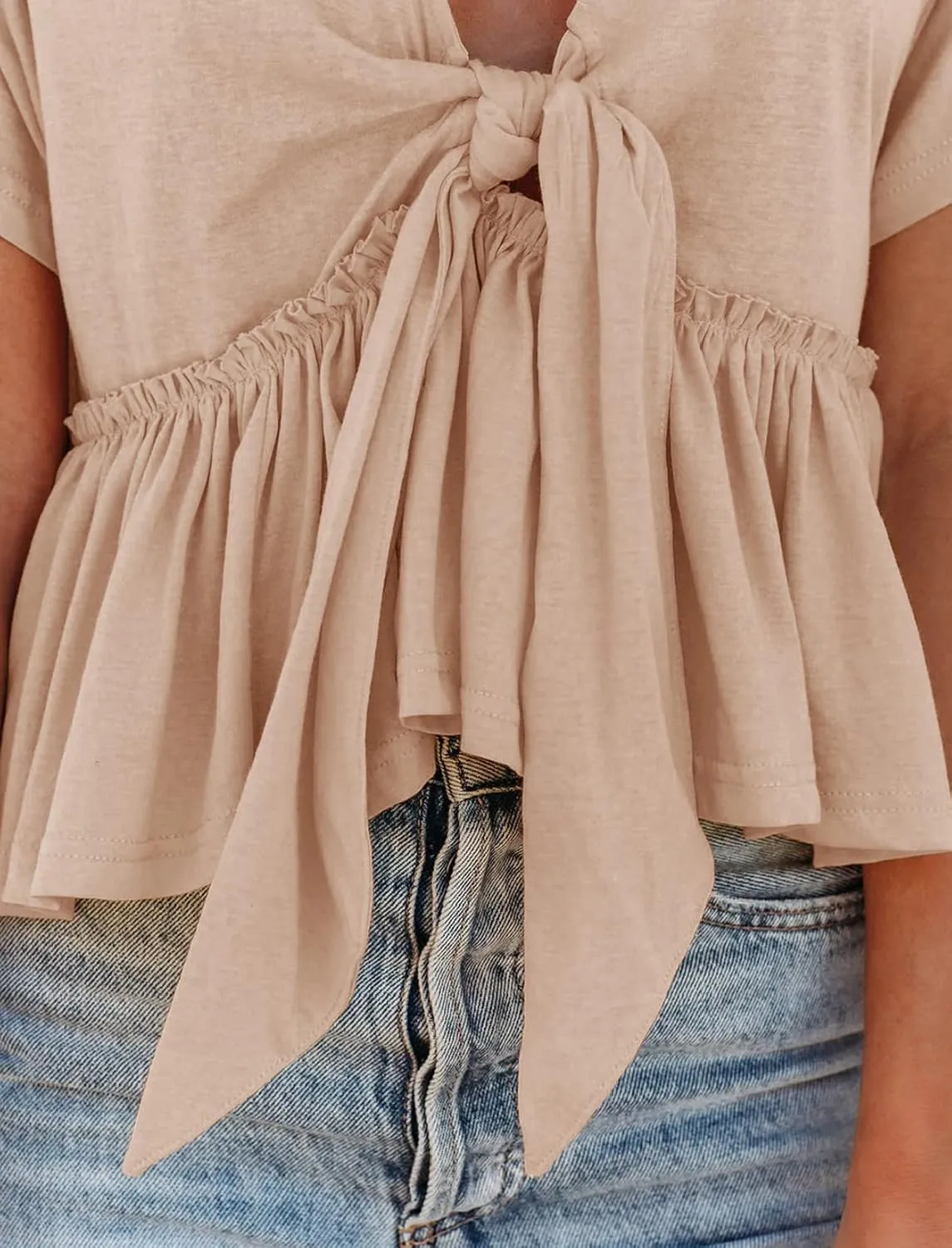 Fanway&EC Women's Short Sleeve V Neck Blouses Ruffle Hem Tie Front Crop Tops Lightweight Basic Summer Tops