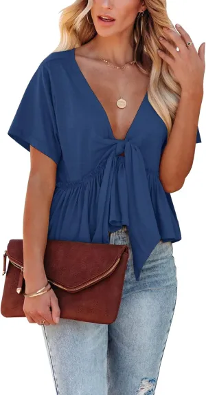 Fanway&EC Women's Short Sleeve V Neck Blouses Ruffle Hem Tie Front Crop Tops Lightweight Basic Summer Tops