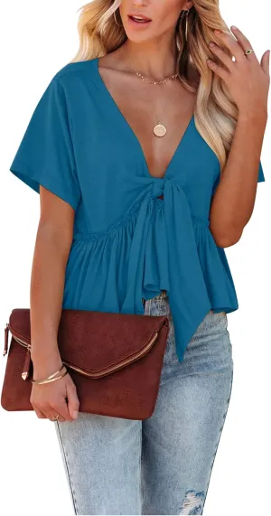 Fanway&EC Women's Short Sleeve V Neck Blouses Ruffle Hem Tie Front Crop Tops Lightweight Basic Summer Tops