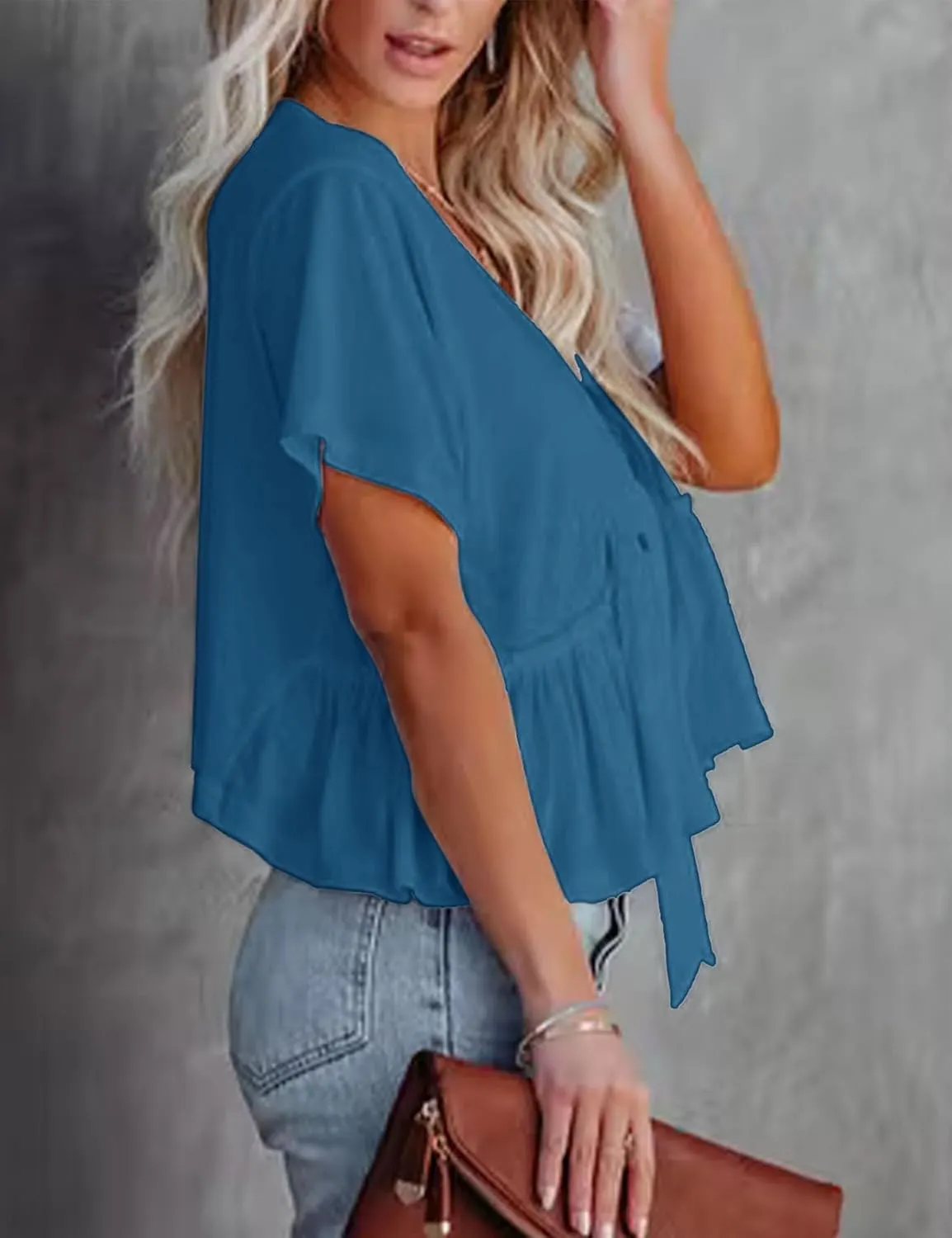 Fanway&EC Women's Short Sleeve V Neck Blouses Ruffle Hem Tie Front Crop Tops Lightweight Basic Summer Tops
