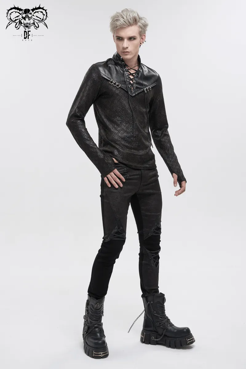 Fashion Black Stand Collar Sweatshirt with Lace-Up / Gothic Men's Metal Rings Sweatshirt