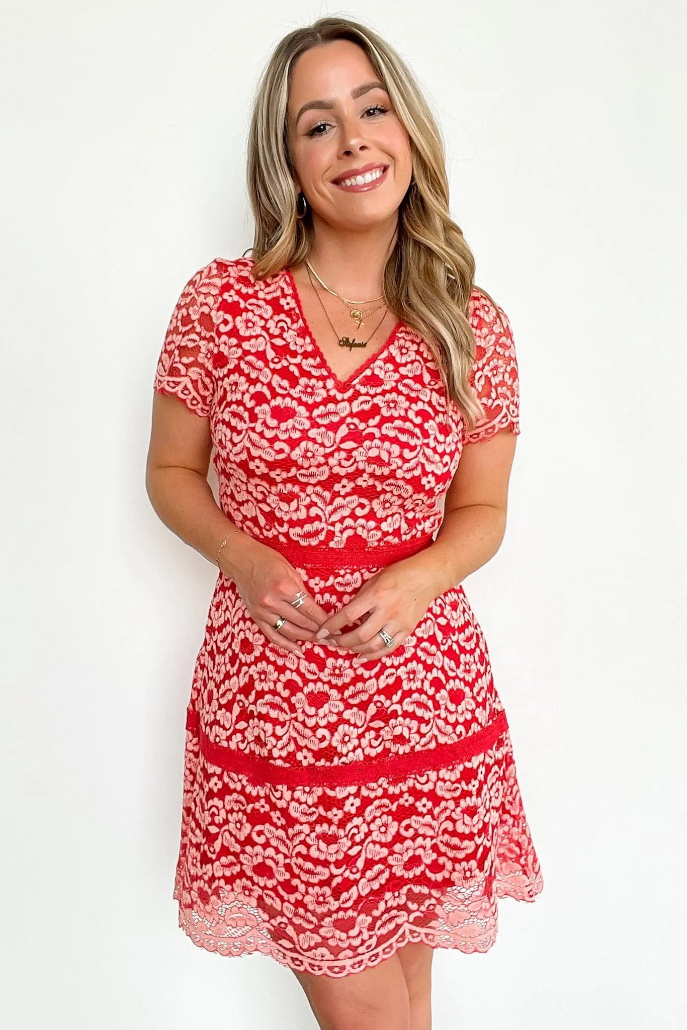 Fashionable Flair Short Sleeve V-Neck Lace Dress - FINAL SALE