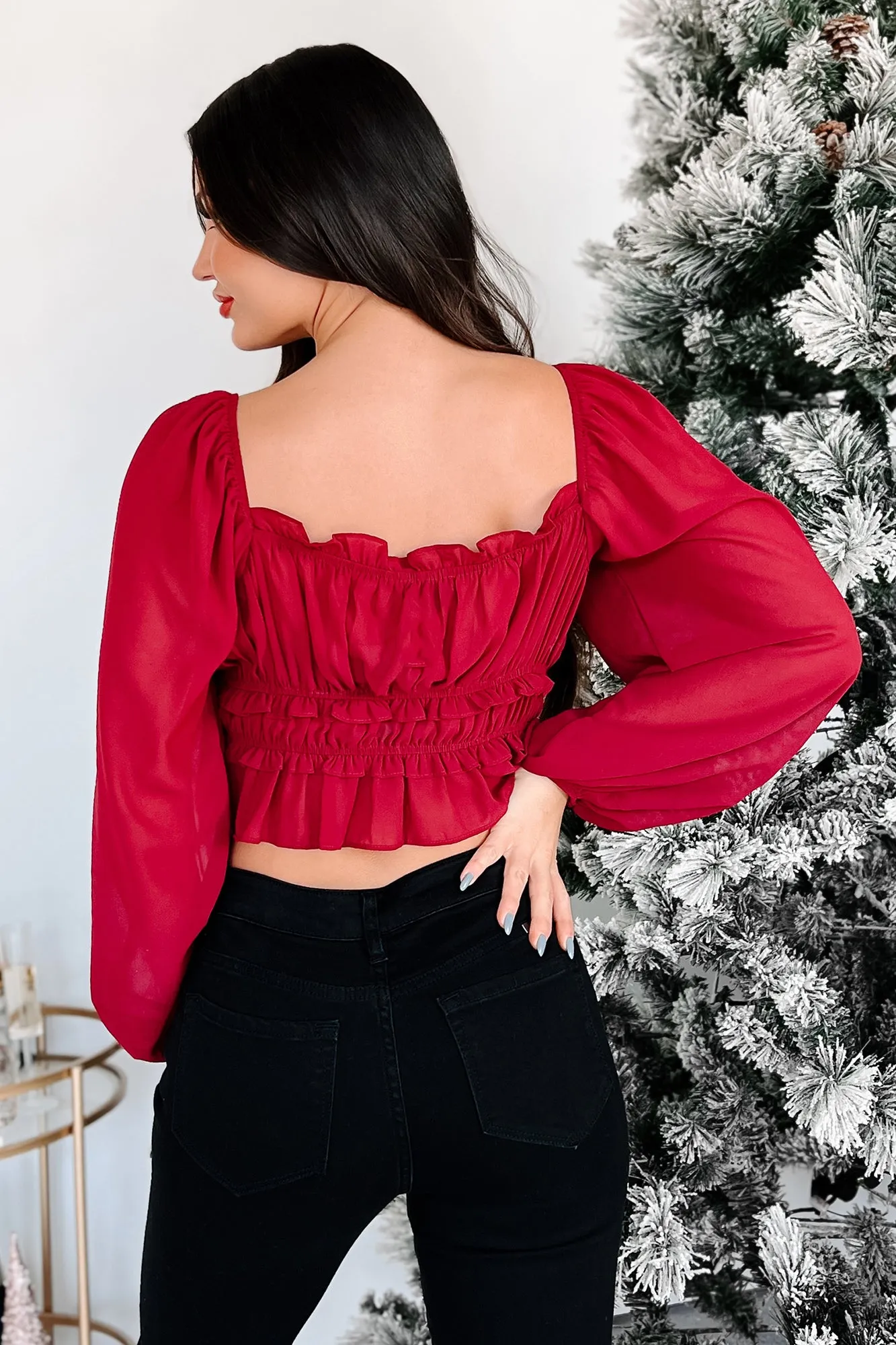 Feminine Feels Ruched Rosette Peasant Top (Dark Cherry)