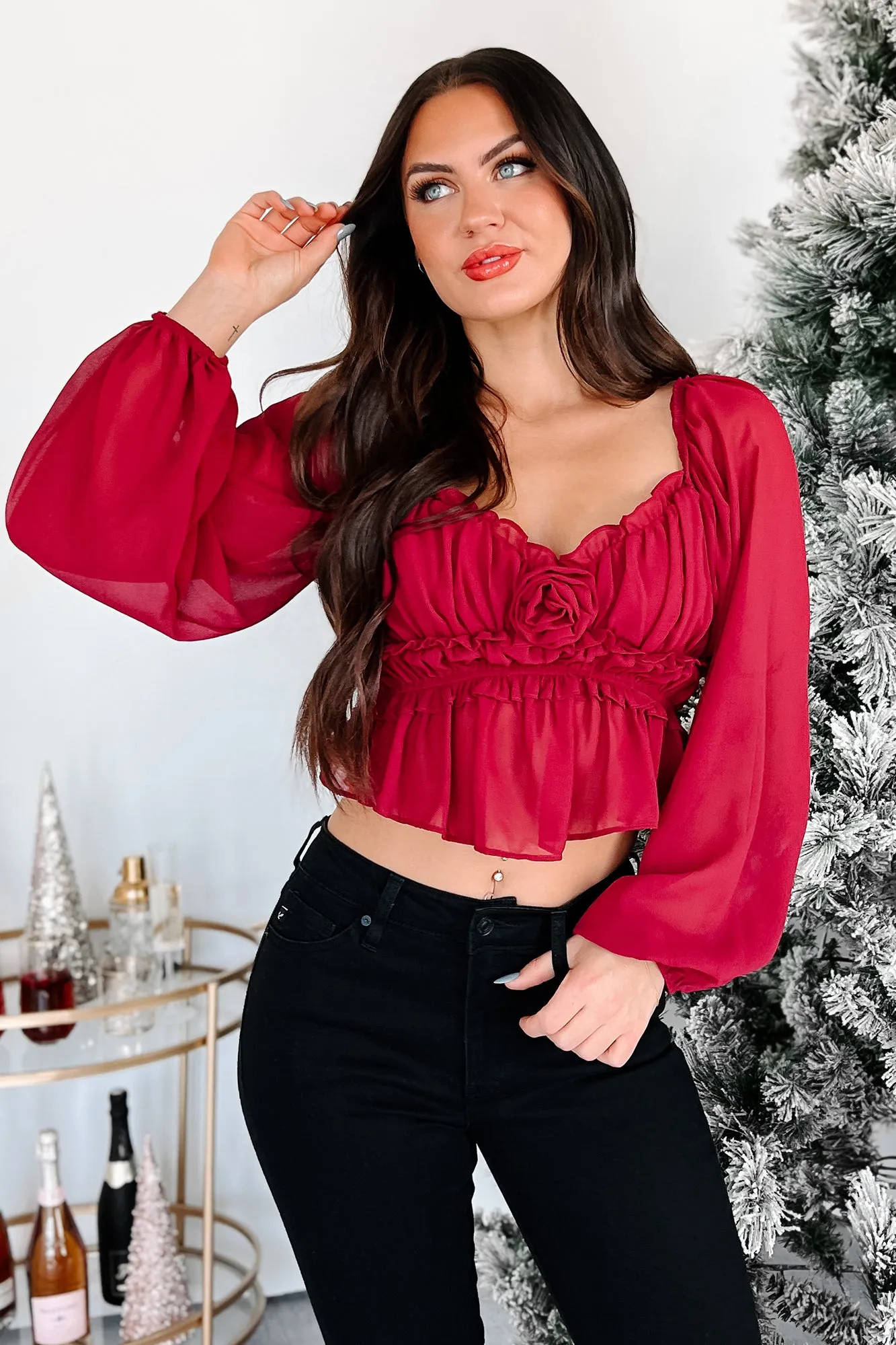 Feminine Feels Ruched Rosette Peasant Top (Dark Cherry)