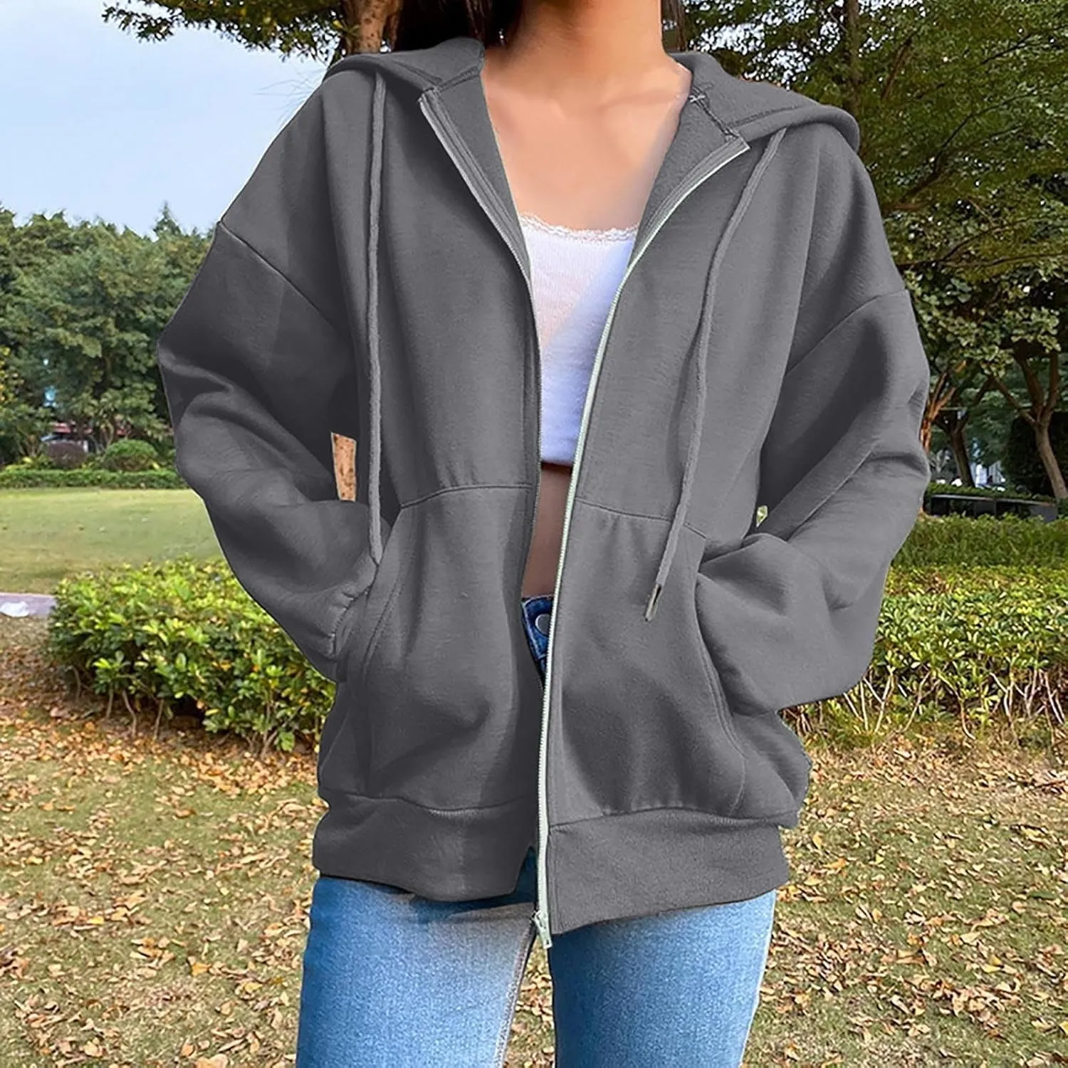 Fleece Hoodies for Women Solid Color Long Sleeve Drawstring Hooded Zip Up Thick Warm Coats Trendy Open Front Jackets