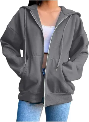 Fleece Hoodies for Women Solid Color Long Sleeve Drawstring Hooded Zip Up Thick Warm Coats Trendy Open Front Jackets