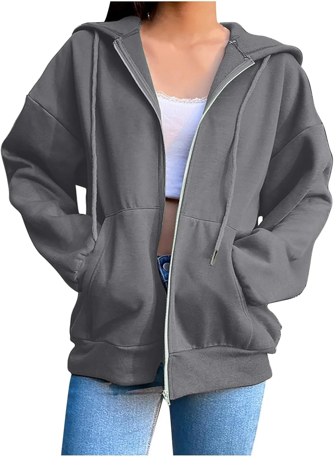 Fleece Hoodies for Women Solid Color Long Sleeve Drawstring Hooded Zip Up Thick Warm Coats Trendy Open Front Jackets