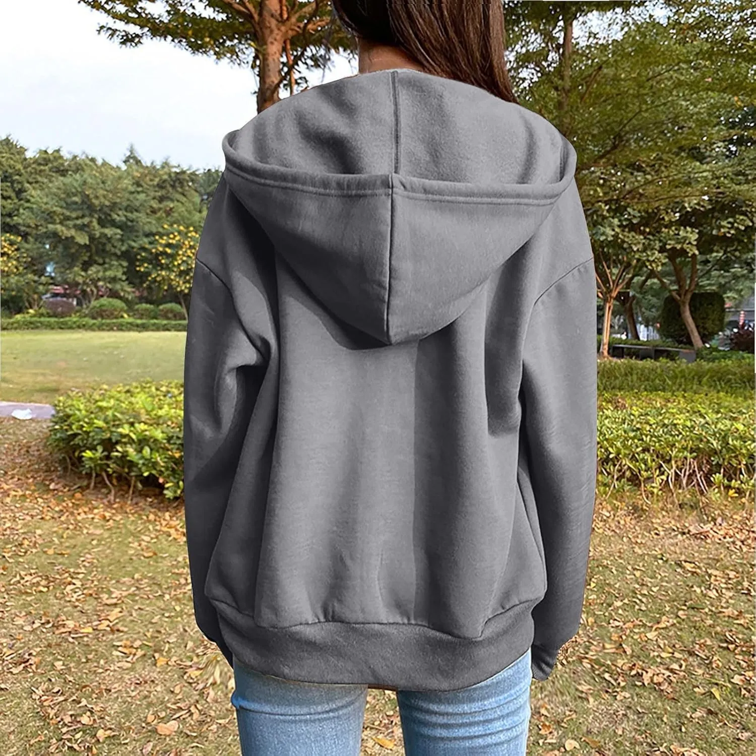 Fleece Hoodies for Women Solid Color Long Sleeve Drawstring Hooded Zip Up Thick Warm Coats Trendy Open Front Jackets