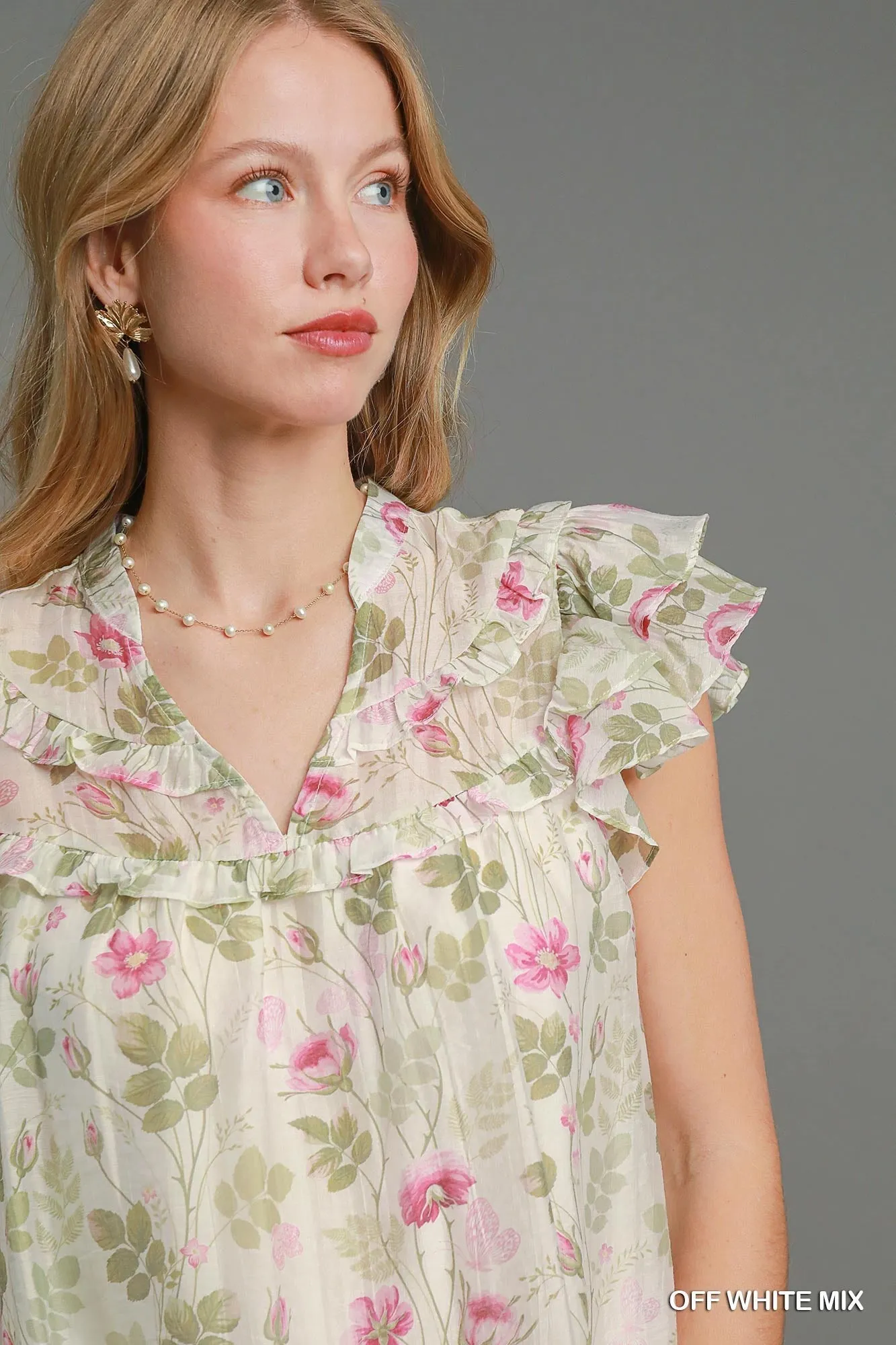 Floral Print Ruffle Sleeve Neck Dress