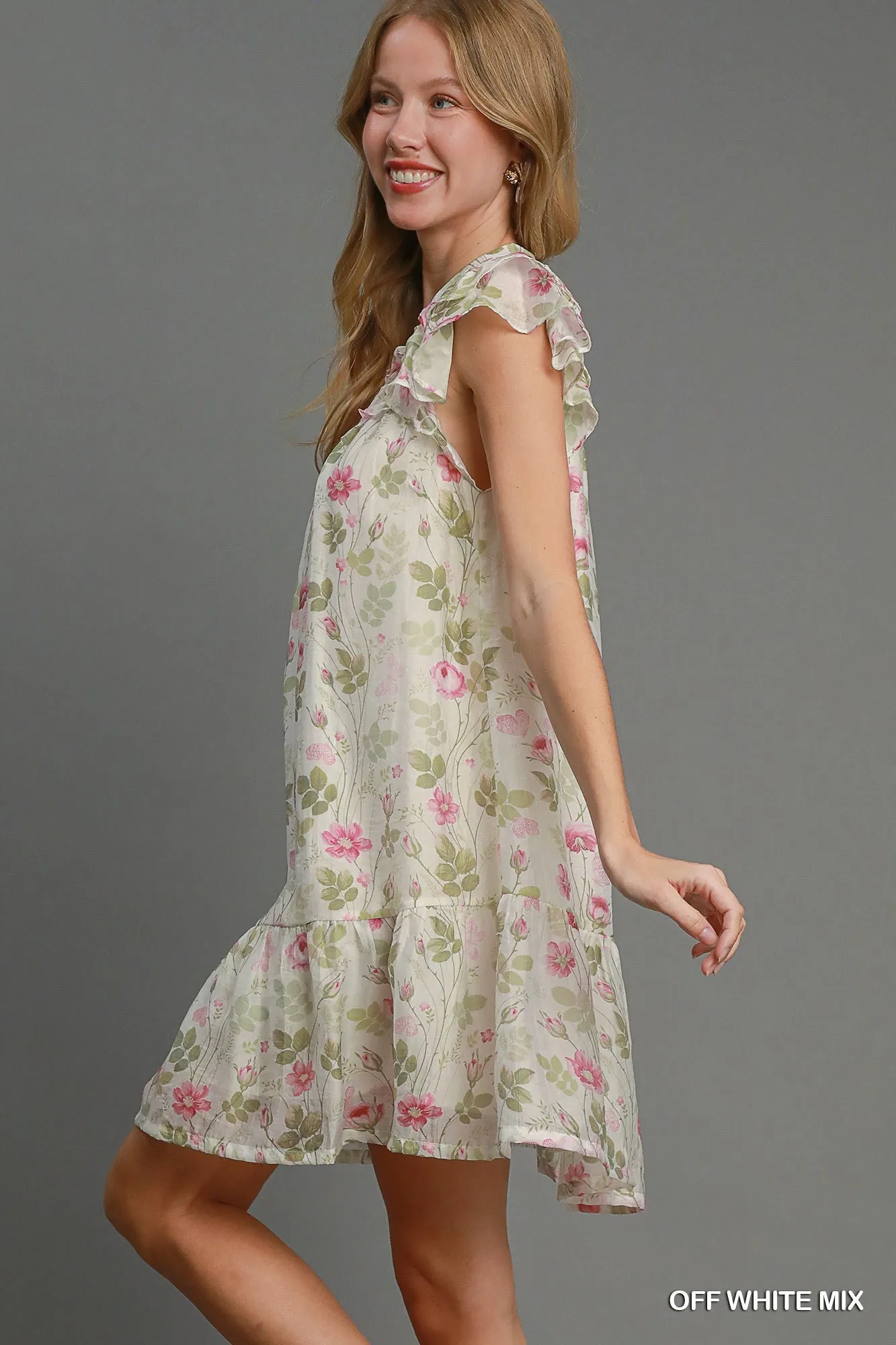 Floral Print Ruffle Sleeve Neck Dress