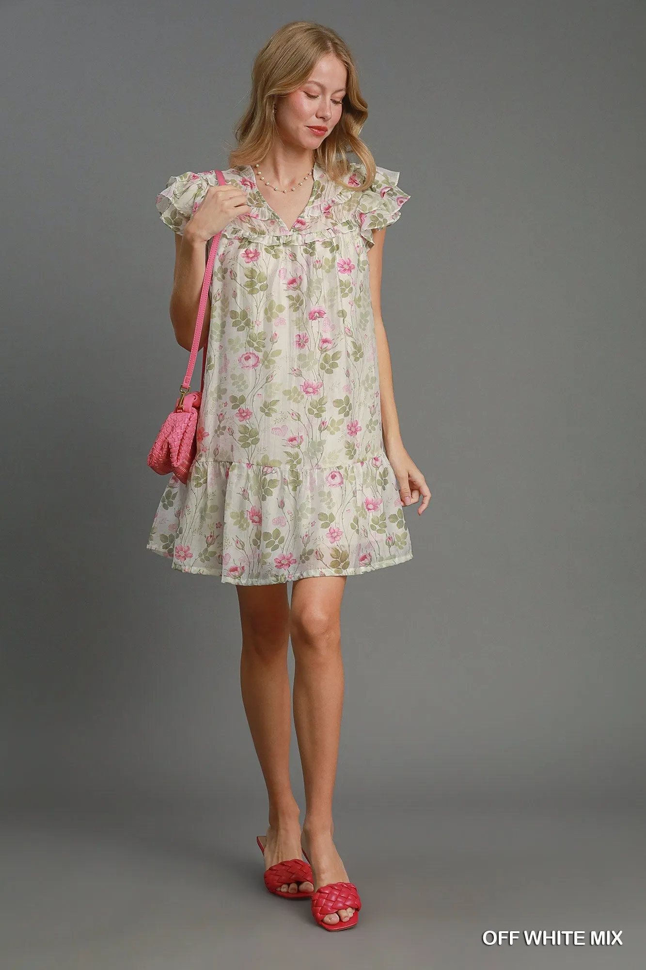 Floral Print Ruffle Sleeve Neck Dress