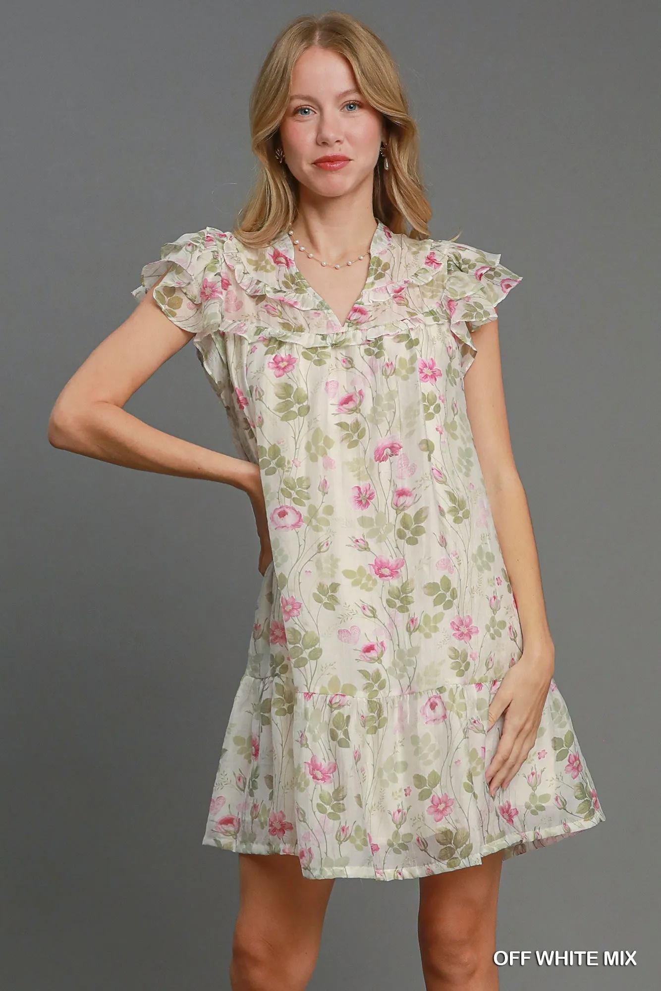 Floral Print Ruffle Sleeve Neck Dress