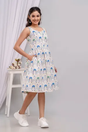 Floral Printed Sleeveless Dress in Cotton Flex Blue