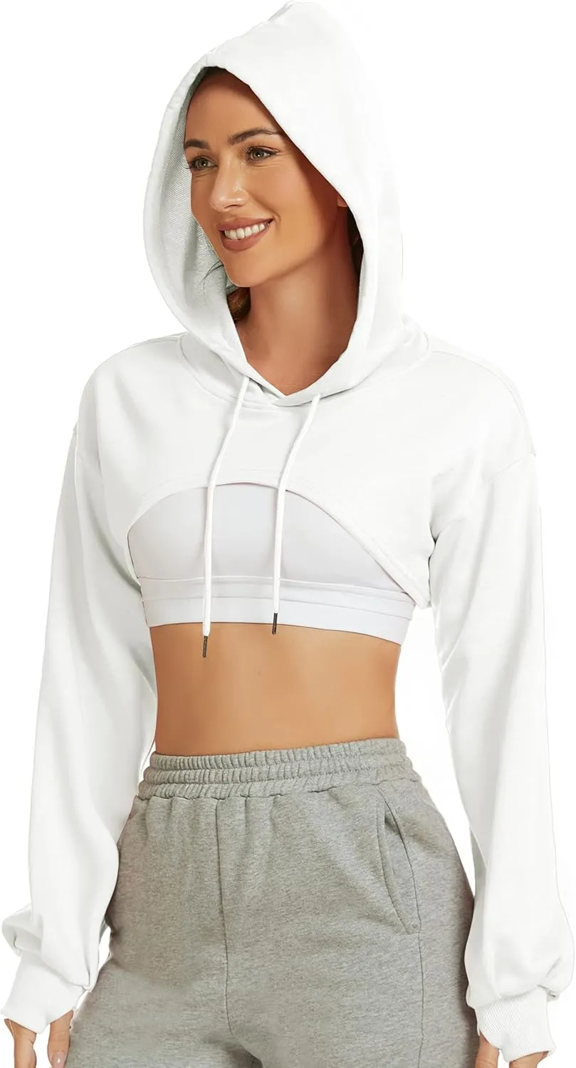 Flygo Women's Cut Out Super Cropped Hoodie Long Sleeve Hooded Sweatshirt Pullover Active Top