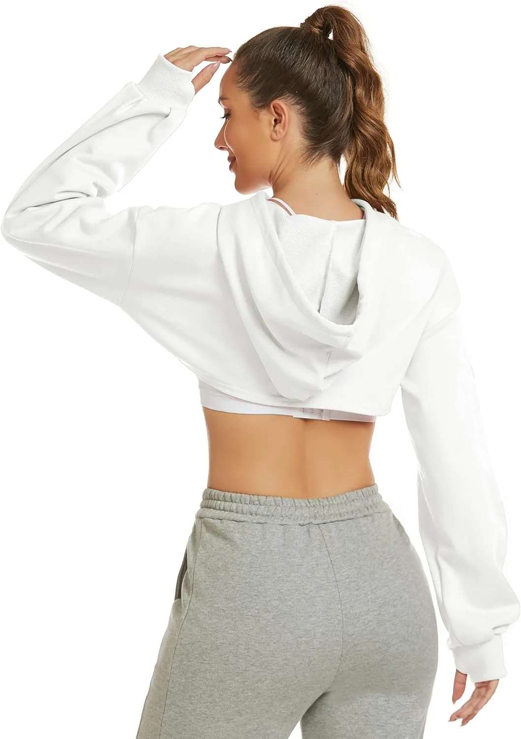 Flygo Women's Cut Out Super Cropped Hoodie Long Sleeve Hooded Sweatshirt Pullover Active Top