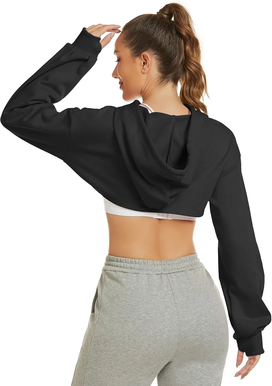 Flygo Women's Cut Out Super Cropped Hoodie Long Sleeve Hooded Sweatshirt Pullover Active Top