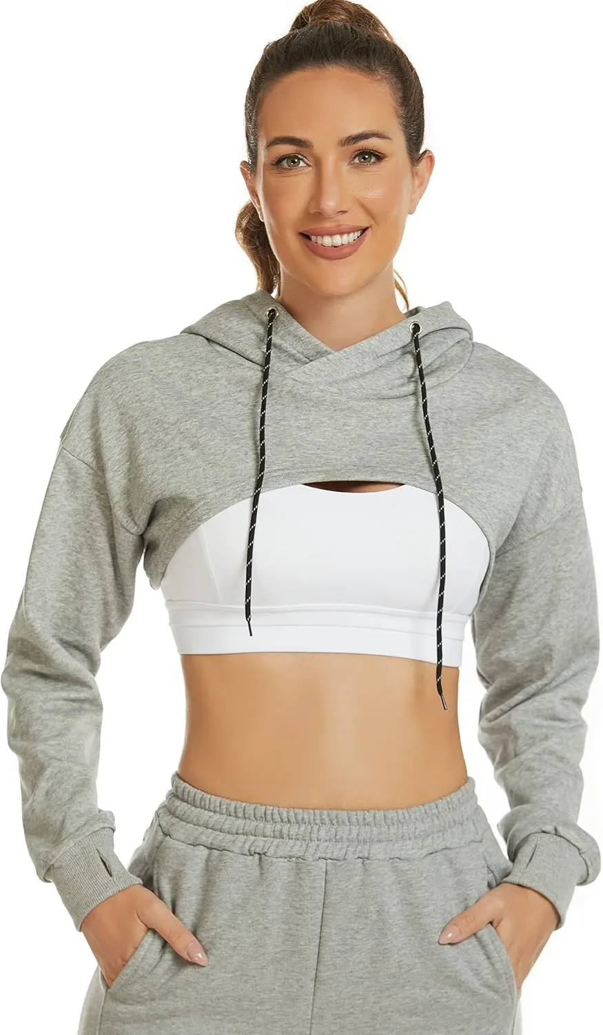 Flygo Women's Cut Out Super Cropped Hoodie Long Sleeve Hooded Sweatshirt Pullover Active Top