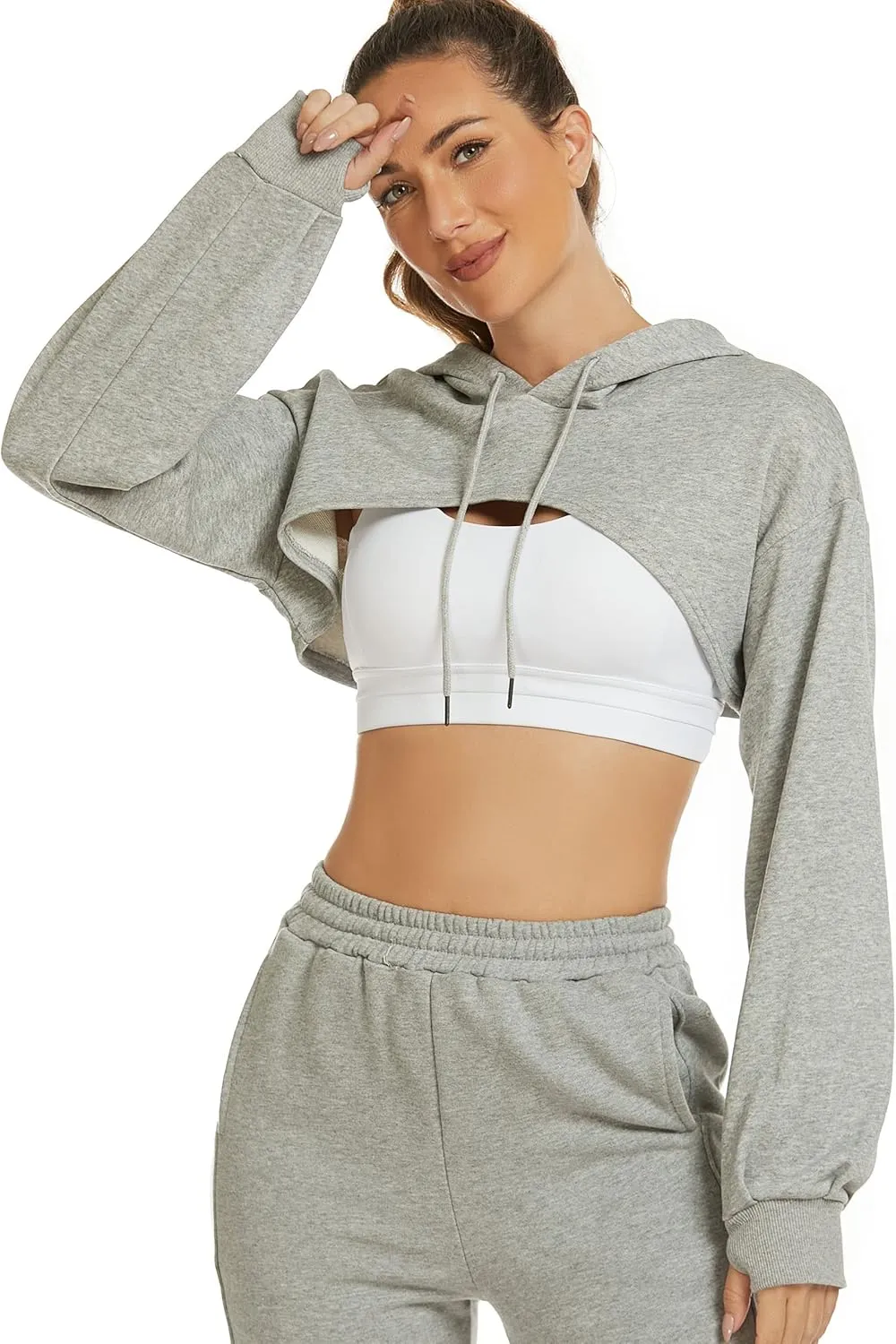 Flygo Women's Cut Out Super Cropped Hoodie Long Sleeve Hooded Sweatshirt Pullover Active Top