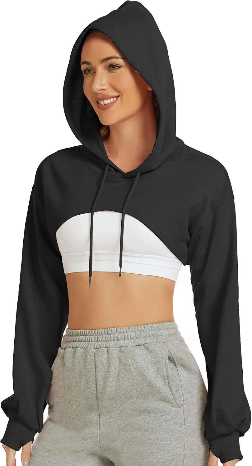 Flygo Women's Cut Out Super Cropped Hoodie Long Sleeve Hooded Sweatshirt Pullover Active Top