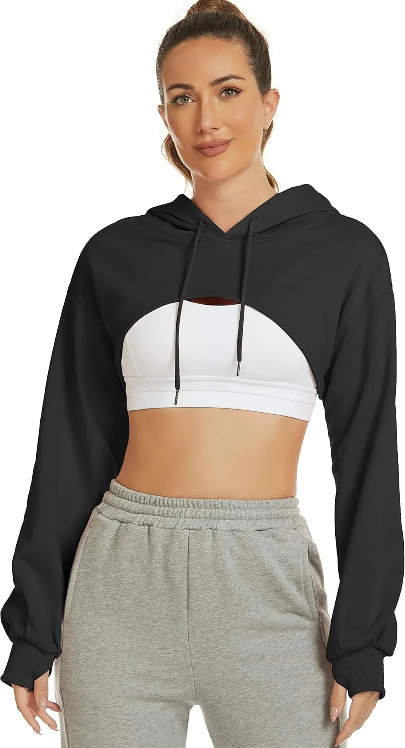 Flygo Women's Cut Out Super Cropped Hoodie Long Sleeve Hooded Sweatshirt Pullover Active Top