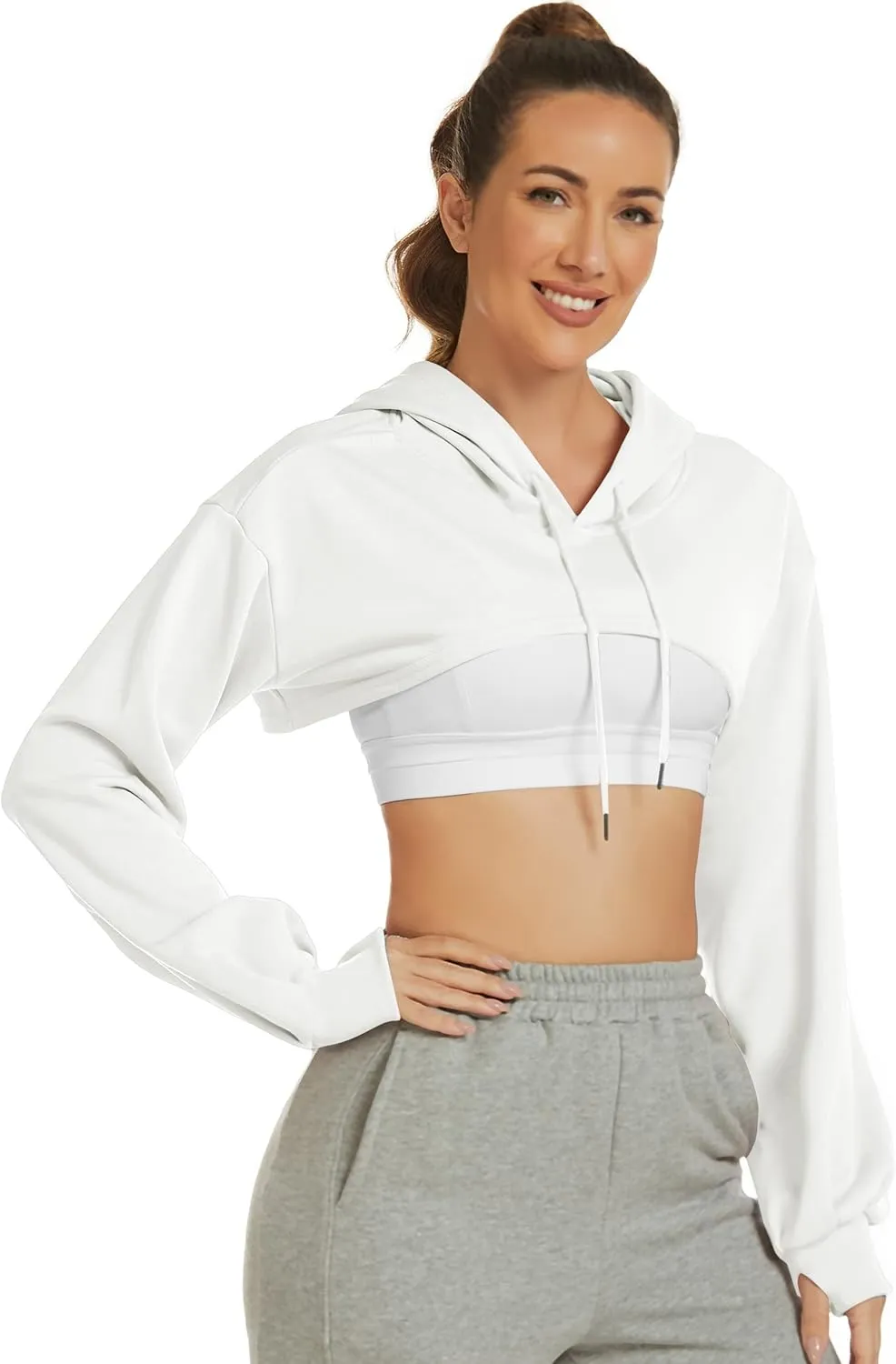 Flygo Women's Cut Out Super Cropped Hoodie Long Sleeve Hooded Sweatshirt Pullover Active Top